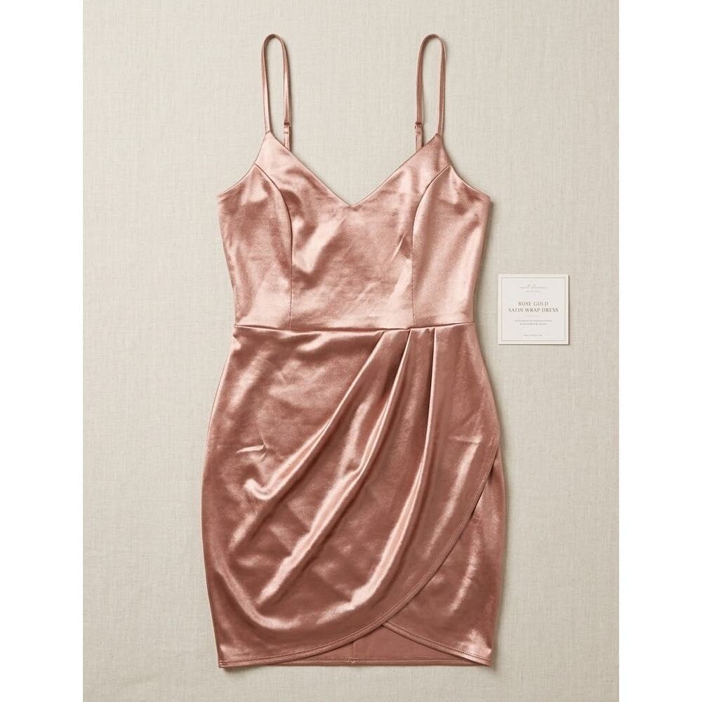 Lulus Rose Gold Satin Wrap Mini Dress Size L Pink Metallic Cocktail Party *